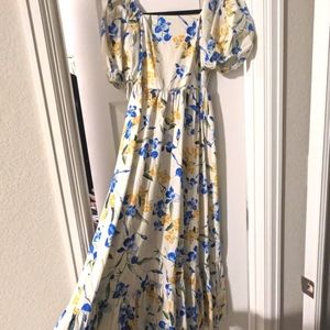 Express puff sleeve poplin square neck tiered dress, size XS